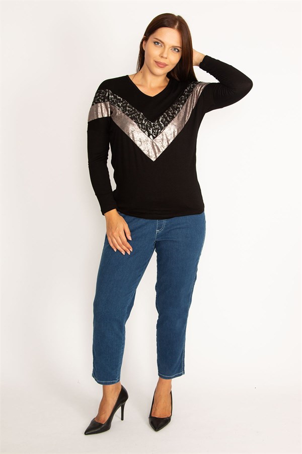 Kadın Siyah Önü Lame Bloglu V Yakalı Bluz  65N34483