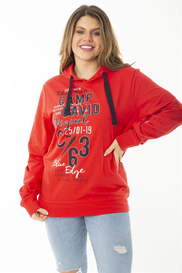 Women's Plus Size Red Double-Thread Front Printed Hooded Sweatshirt 65N37161