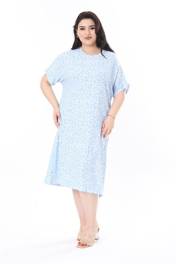 Kadın Büyük Beden Bebe Mavisi Bürümcük Kumaş Kısa Kollu Desenli Elbise 65N37858