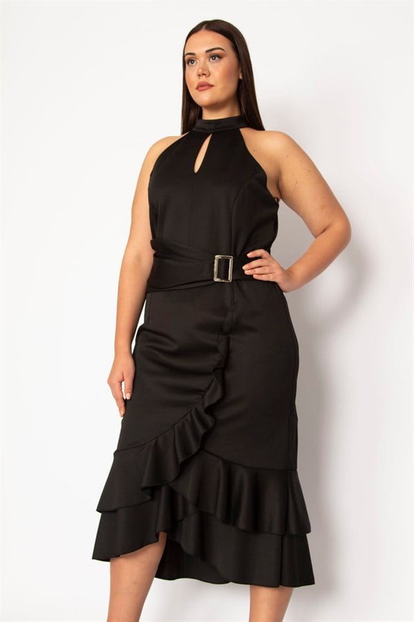 WOMEN'S BLACK HALTERNECK COLLAR DRESS WITH FLOUNCED AND BUCKLE DETAILS AND HIDDEN BACK ZIPPER
