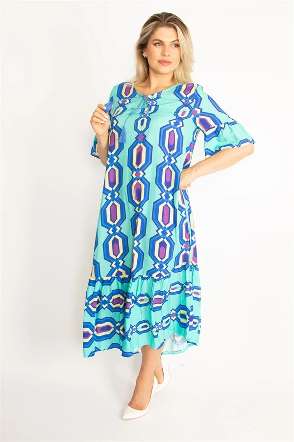 Kadın Kırmızı Dokuma Viskon Kumaş Volan Kollu Etek Ucu Katlı Elbise 65N34435