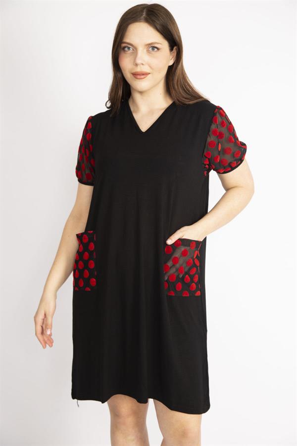 Kadın Siyah Büyük Beden Kol Ve Cepleri Desenli Tül Detaylı V Yakalı Elbise