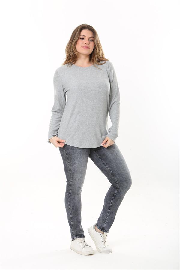 Kadın Büyük Beden Gri Bisiklet Yakalı Kendinden Çizgili Uzun Kollu Bluz 65N37529