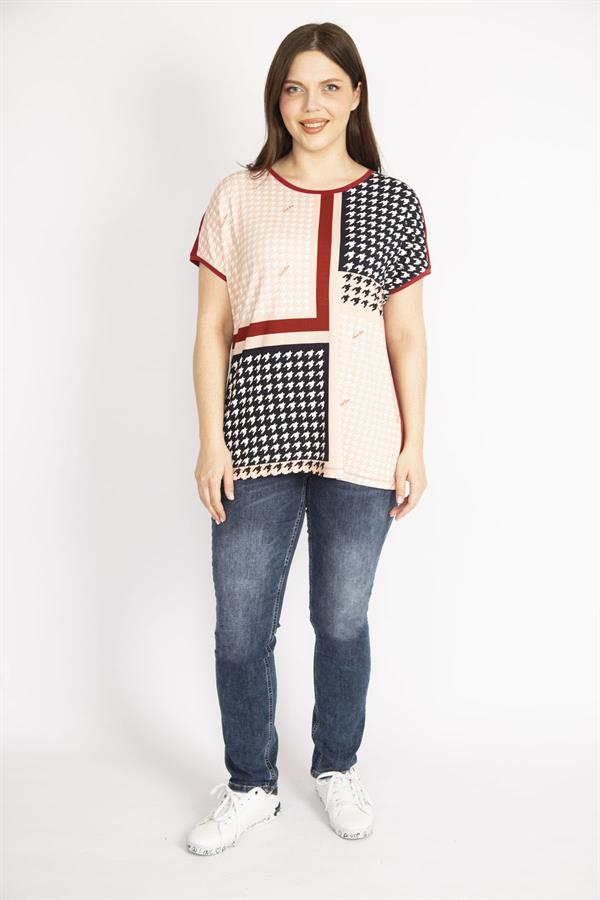 Kadın Renkli Büyük Beden Önü Kazayağı Desenli Bluz