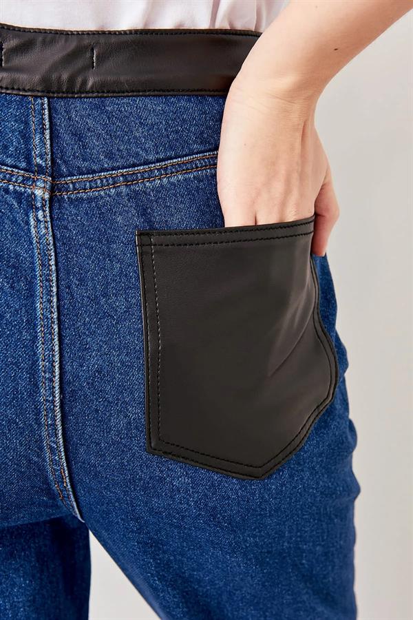 Kadın Mavi , Deri Detaylı , Yüksek Bel Kot Pantolon