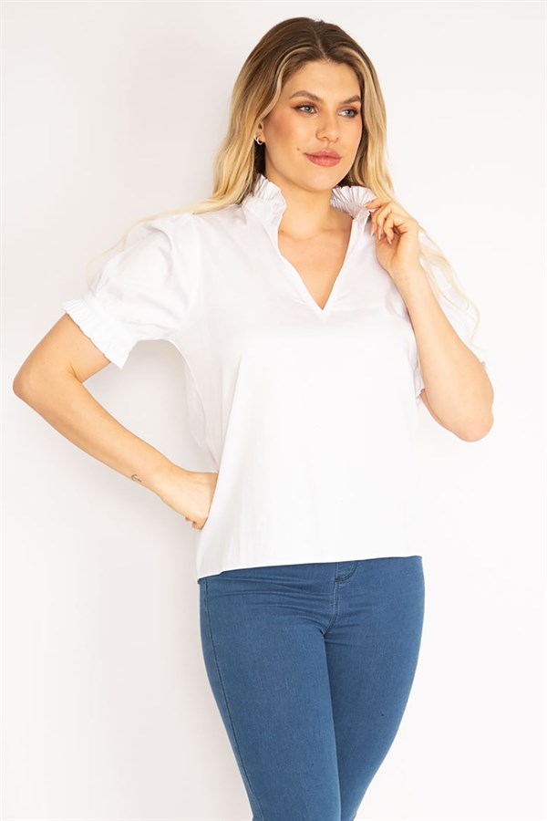 Kadın Beyaz Yaka Ve Kol Ağzı Fırfır Detaylı Poplin Bluz 65N35174