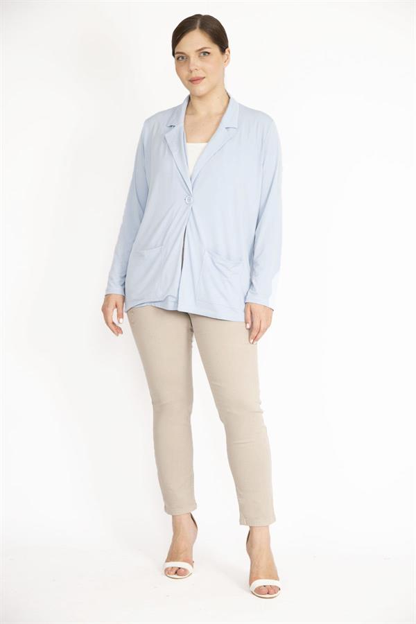 Kadın Mavi Tek Düğmeli Astarsız Cepli Hırka