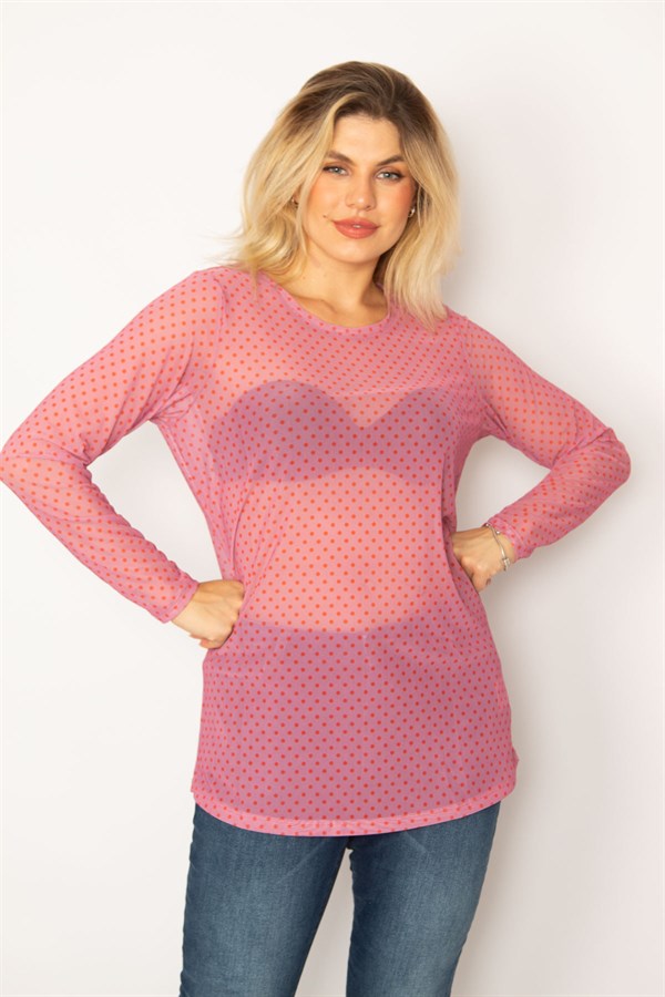 Kadın Pembe Desenli Tül Bluz 65N34253