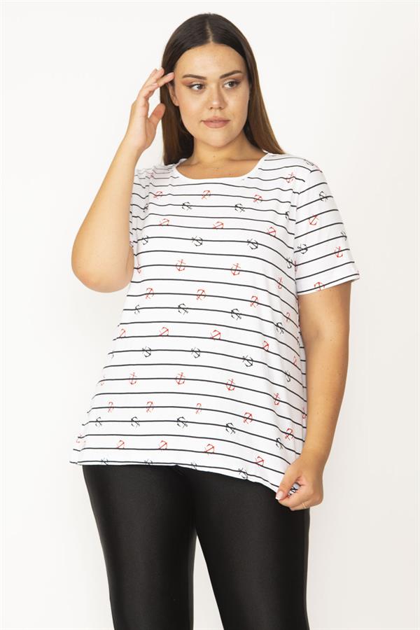 Kadın Beyaz Büyük Beden Pamuklu Kumaş Marin Desenli Bisiklet Yaka Kısa Kollu Bluz 65N35769