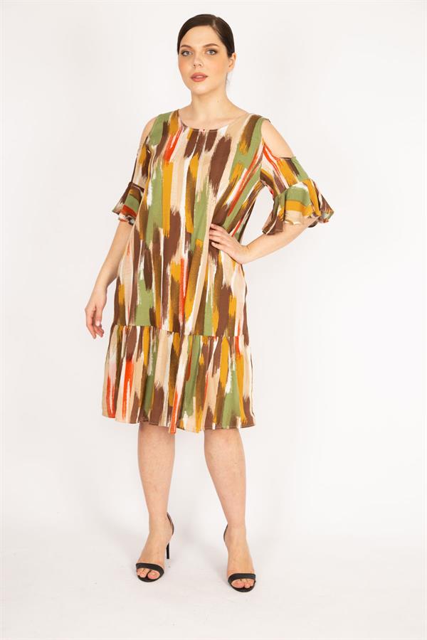 Kadın Fujya Büyük Beden Omuz Dekolteli Dokuma Viskon Kumaş Yan Cepli Elbise