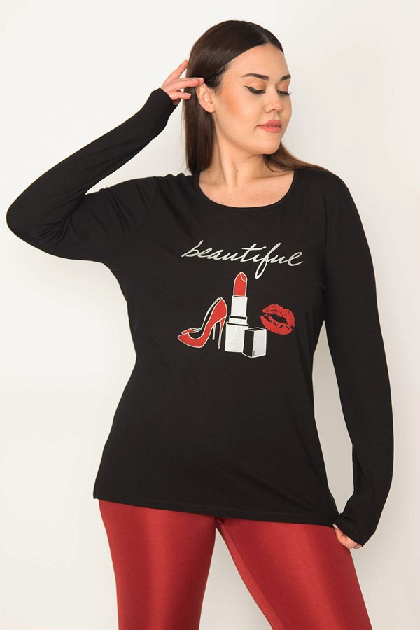 Kadın Siyah Ön Baskılı Bluz 65N31385
