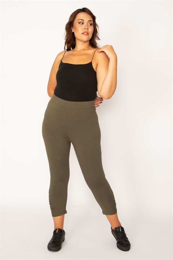 Kadın Haki Pamuklu Kumaş Paçası Büzgü Detaylı Tayt Kapri  65N34125