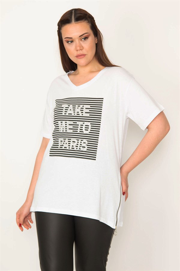 KADIN BEYAZ ÖN TAŞ VE ÇİZGİ BASKI DETAYLI YAN FERMUAR YIRTMAÇLI BLUZ