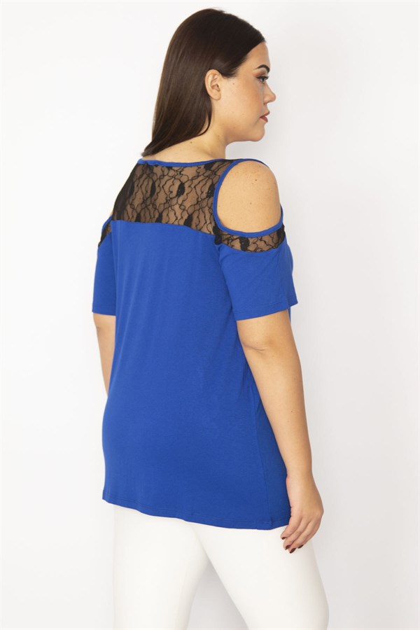 Kadın Saks Omuz Dekolteli Dantelli Bluz 65N29290
