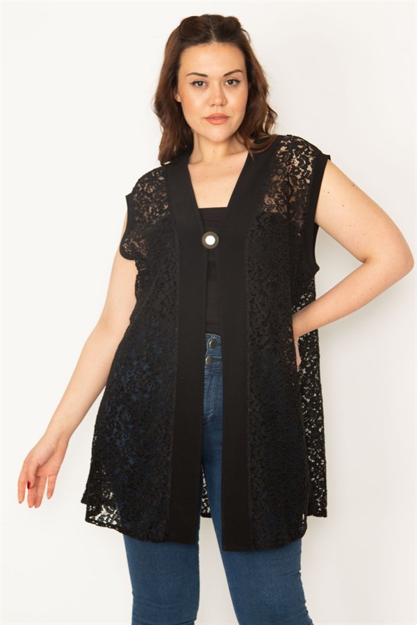 Kadın Siyah Taşlı Broş Düğmeli Dantel Hırka 65N32724