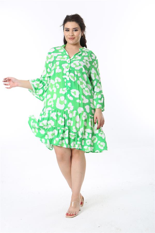 Kadın Büyük Beden Yeşil Ön Pat Düğmeli Katlı Elbise 65N38598