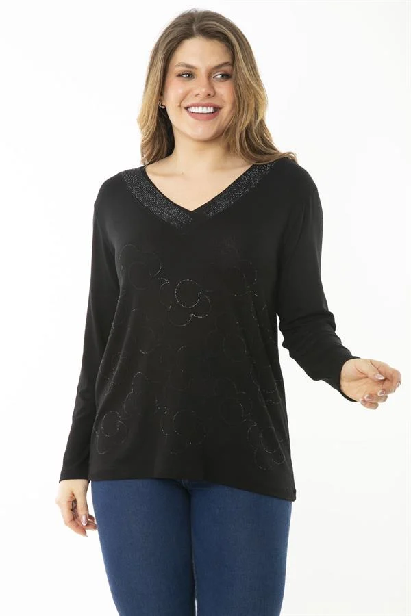 Kadın Büyük Beden Saks V Yakalı Taş Detaylı Uzun Kollu Bluz 65N37153