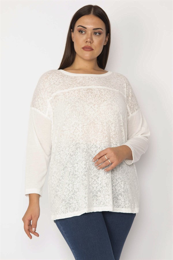 Kadın Kemik Ön Kısmı Desenli Flok Kumaş Kapri Kol Tunik 65N28906