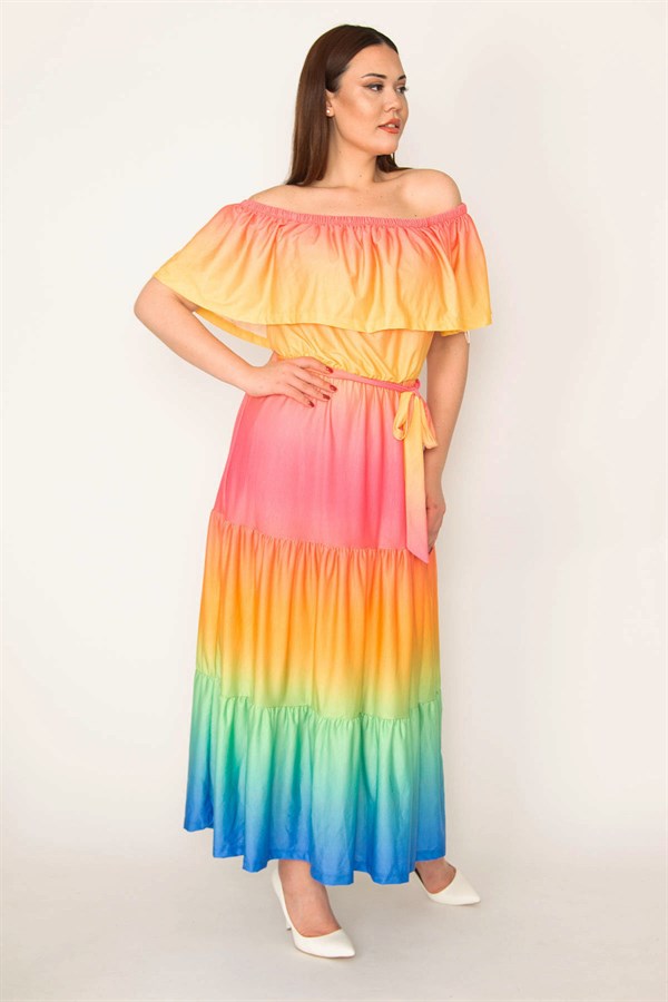 KADIN RENKLİ YAKASI LASTİK VE VOLAN DETAYLI KATLI ELBİSE