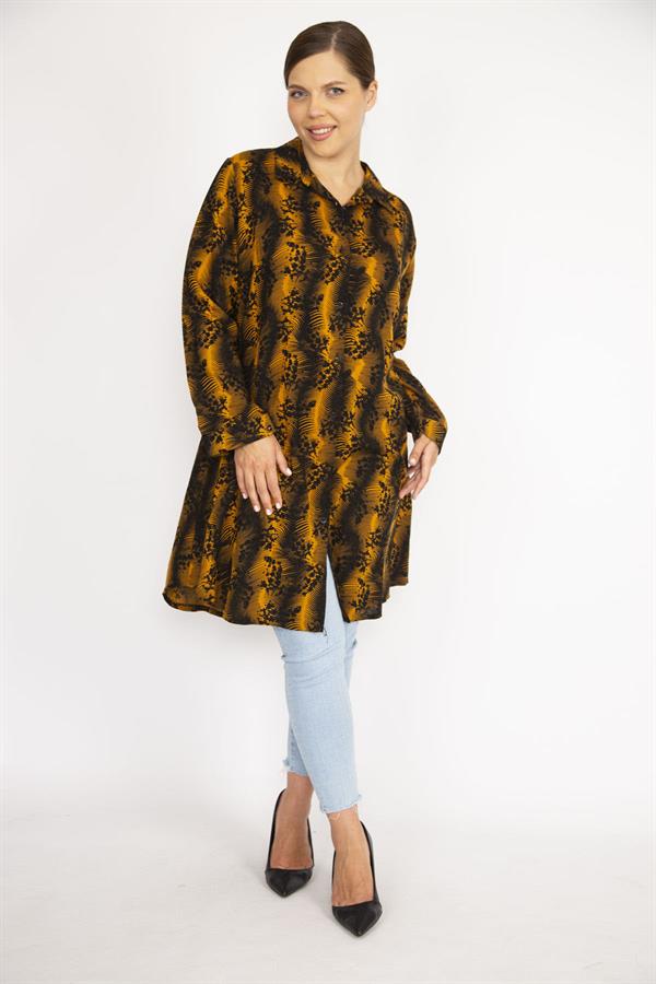 Kadın Büyük Beden Hardal Ön Düğmeli Uzun Kollu Gömlek