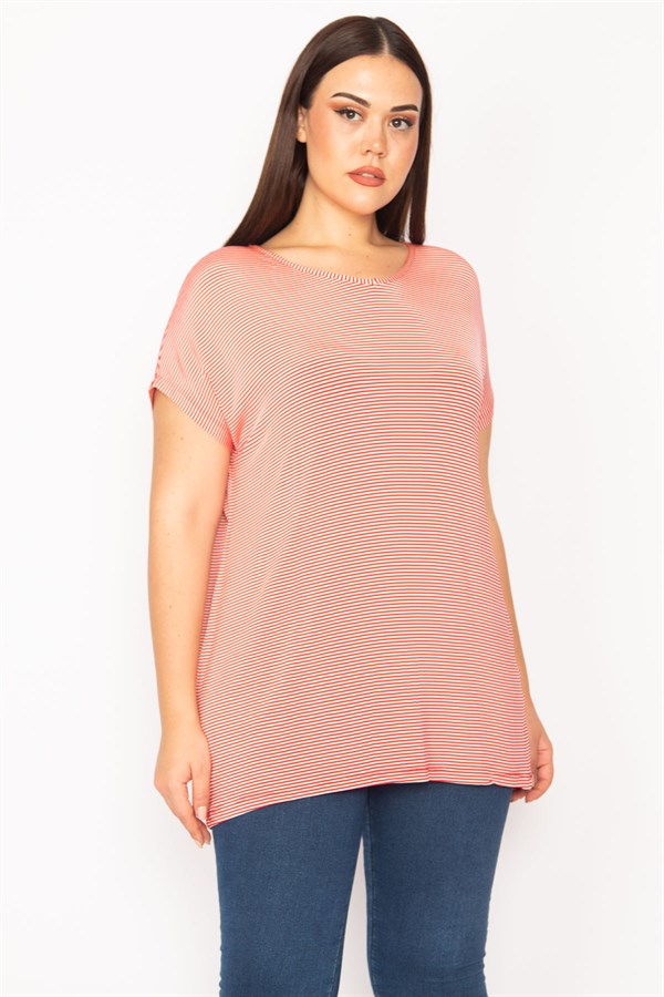 Kadın Kırmızı Sırt Detaylı Düşük Kollu Çizgili Bluz 65N30193