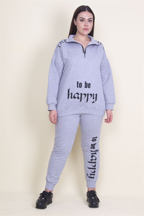 Kadın Gri Pat Fermuar Detaylı Şardonlu Baskılı Eşofman Takım 65N21019