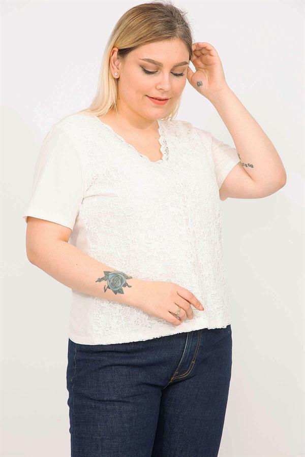 Kadın Kemik Büyük Beden Pamuklu Kumaş Önü Astarlı Dantel Bluz 65N35791