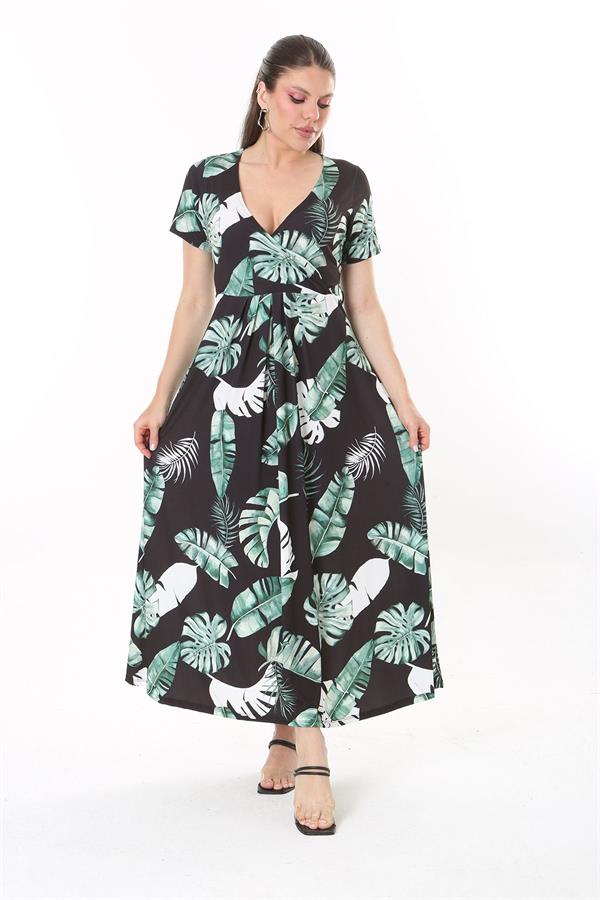 Kadın Büyük Beden Yeşil Anvelop Yakalı Uzun Elbise 65N37735