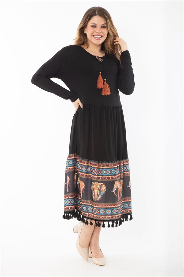 Kadın Büyük Beden Siyah Dijital Baskı Detaylı Öpücük Yakalı Katlı Elbise 65N37336