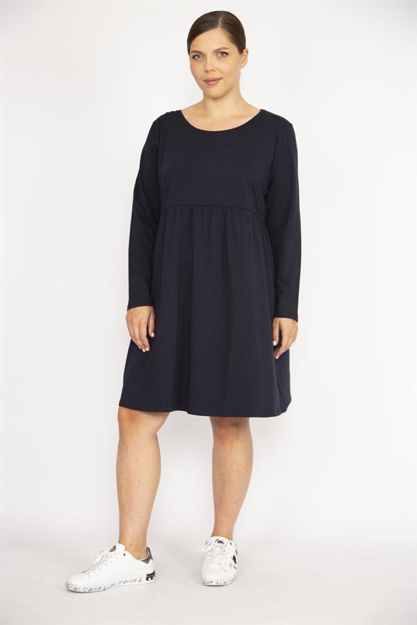 Kadın Büyük Beden Lacivert Bisiklet Yakalı Belden Büzgülü Uzun Kollu Tunik Elbise