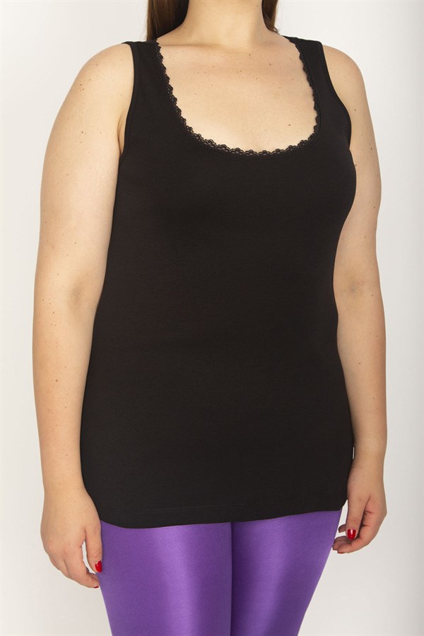 Kadın Siyah Pamuklu Kumaş Yakası Dantel Detaylı Kolsuz Bluz 65N26627