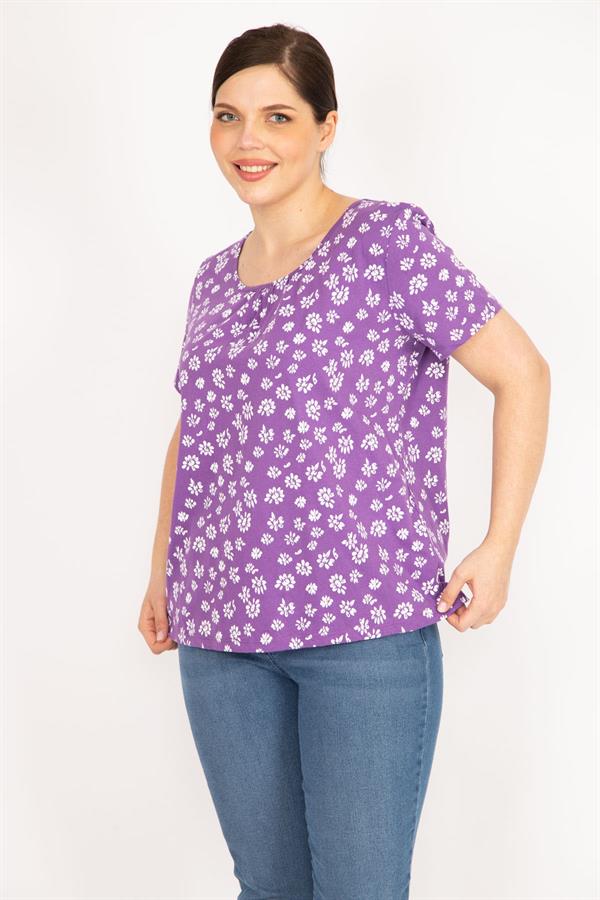 Kadın Lila Büyük Beden Pamuklu Kumaş Kısa Kollu Desenli Bluz