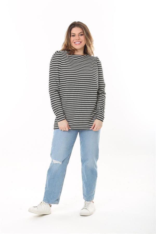 Kadın Büyük Beden Siyah Omuz Büzgülü Bisiklet Yakalı Çizgili Bluz 65N37524