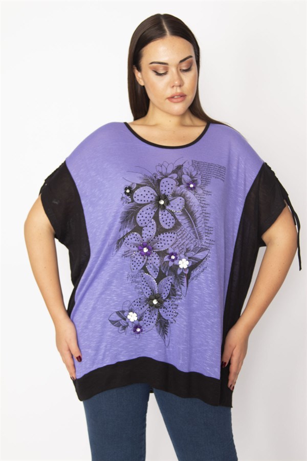 Kadın Eflatun Taş Ve Baskı Detaylı Kol Bağcıklı İki Renkli Tunik 65N29494