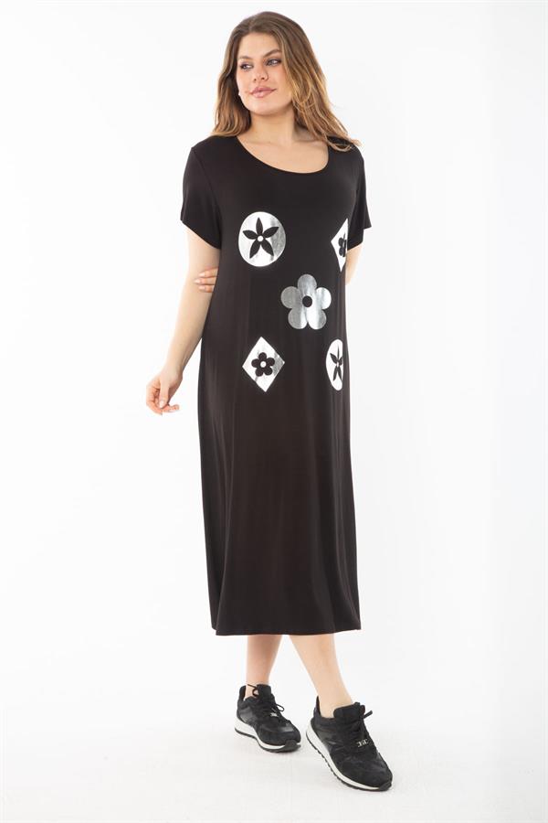 Kadın Büyük Beden Siyah Lame Baskılı Elbise