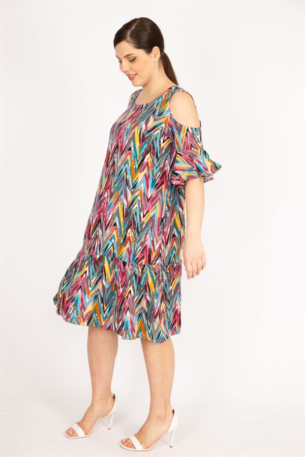 Kadın Fujya Büyük Beden Omuz Dekolteli Dokuma Viskon Kumaş Yan Cepli Elbise