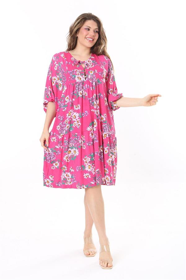 Kadın Büyük Beden Renkli Ön Pat Düğmeli Göğüs Büzgülü Yarasa Kollu Elbise 65N37959