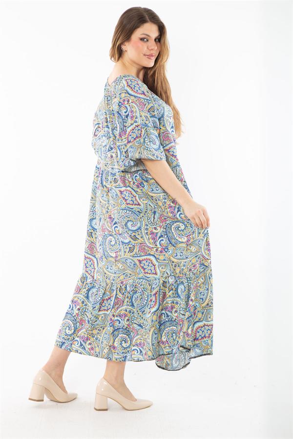 Kadın Büyük Beden Renkli Yaka Lastikli Dokuma Viskon Kumaş Katlı Elbise 65N37349