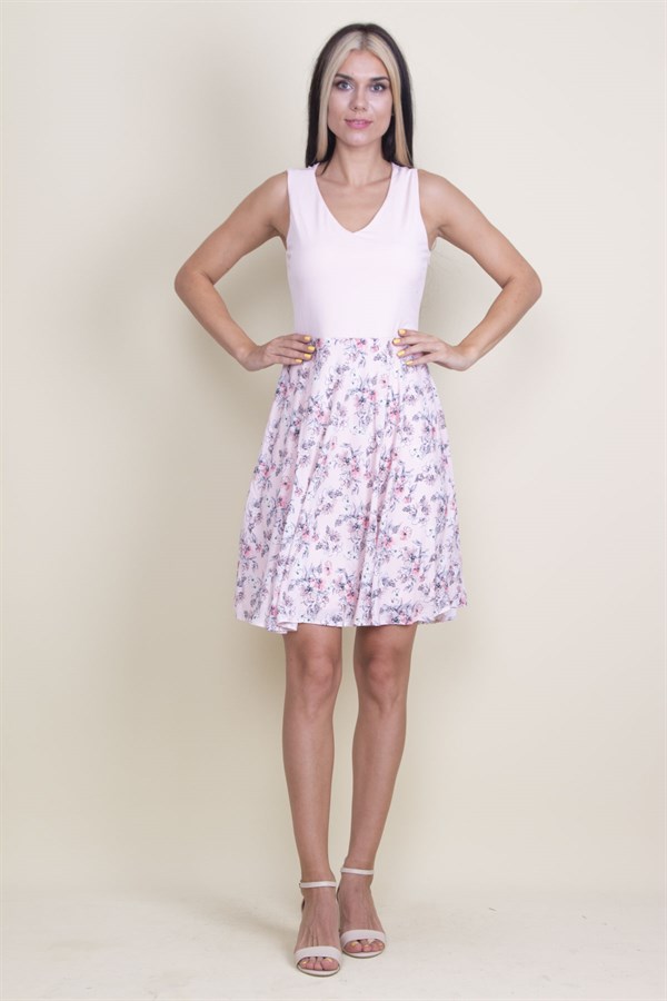 ETEK KISMI DESENLİ V YAKALI ASTARLI ELBİSE