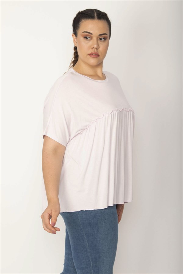 Kadın Pembe Göğüs Büzgü Detaylı Düşük Kollu Viskon Bluz 65N27247