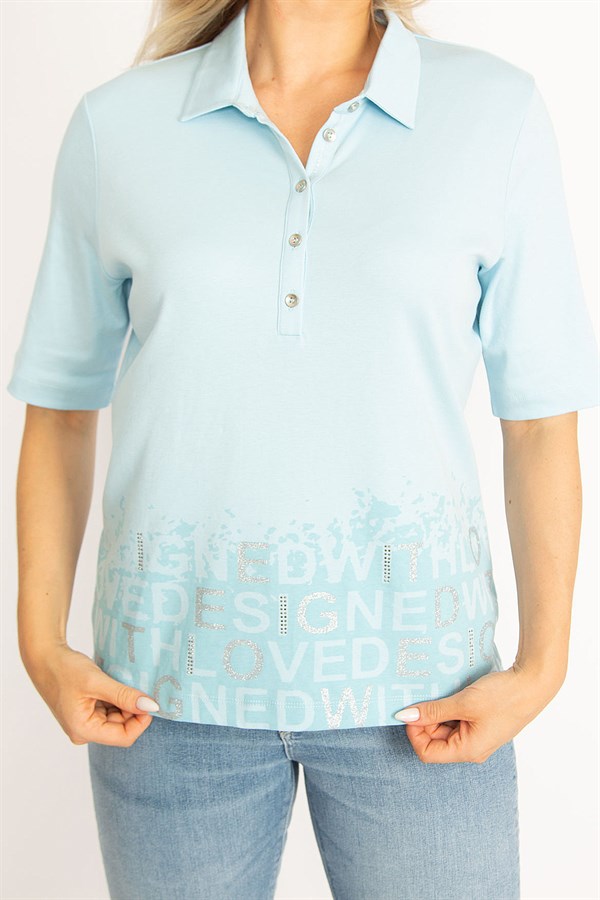 Kadın Haki Polo Yaka Pat Düğmeli Sim Ve Taş Detaylı Bluz 65N34521