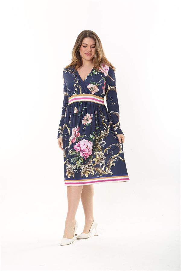 Kadın Büyük Beden Lacivert Anvelop Yakalı Bel Büzgülü Uzun Elbise 65N37550