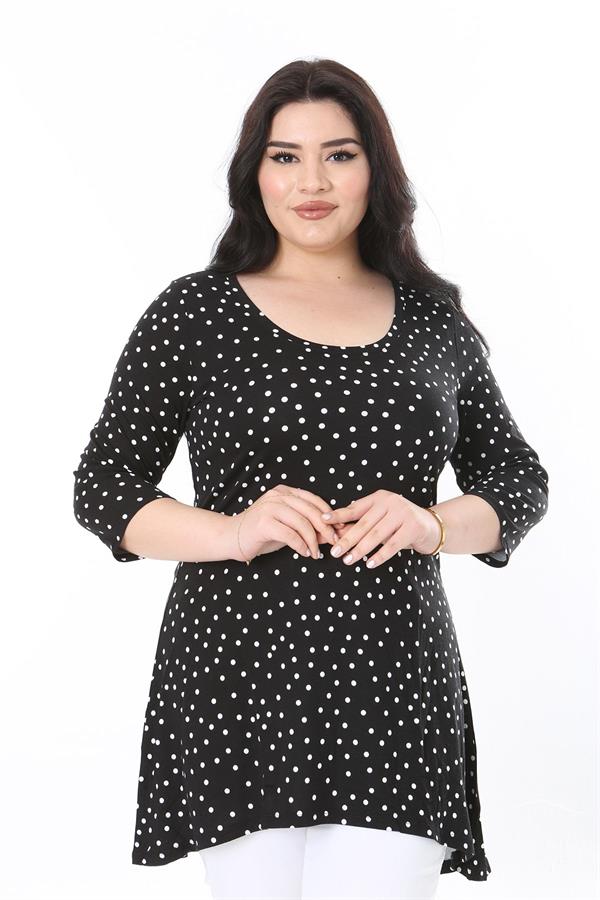 Kadın Büyük Beden Siyah Puan Desenli Kapri Kollu Bluz 65N38010