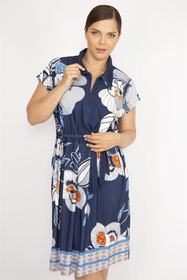 Kadın Lacivert Büyük Beden Yakalı Ön Pat Fermuarlı Beli Kuşaklı Elbise