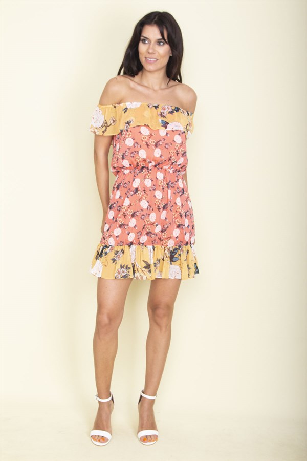 WOMEN'S SALMON FLORAL PATTERNED FLOORN DETAILED LINED DRESS