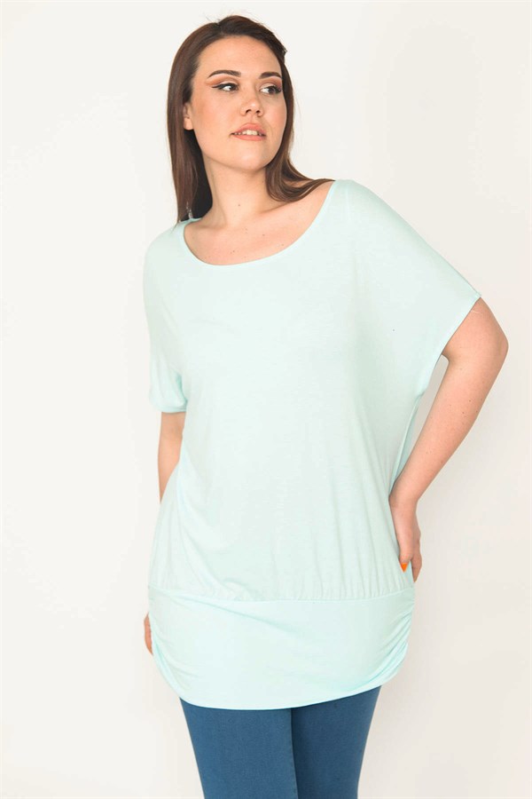 Kadın Camgöbeği Yeşil Bisiklet Yaka Etek Ucu Bantlı Düşük Kollu Tunik 65N32563