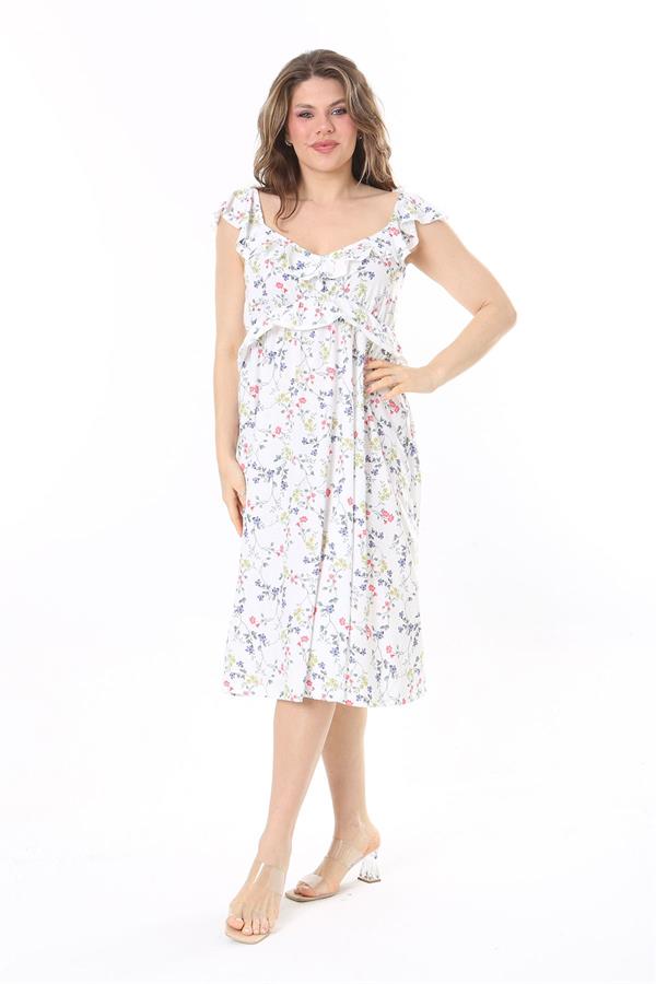 Kadın Büyük Beden Kemik Kol Ve Beli Volan Detaylı Elbise 65N37982