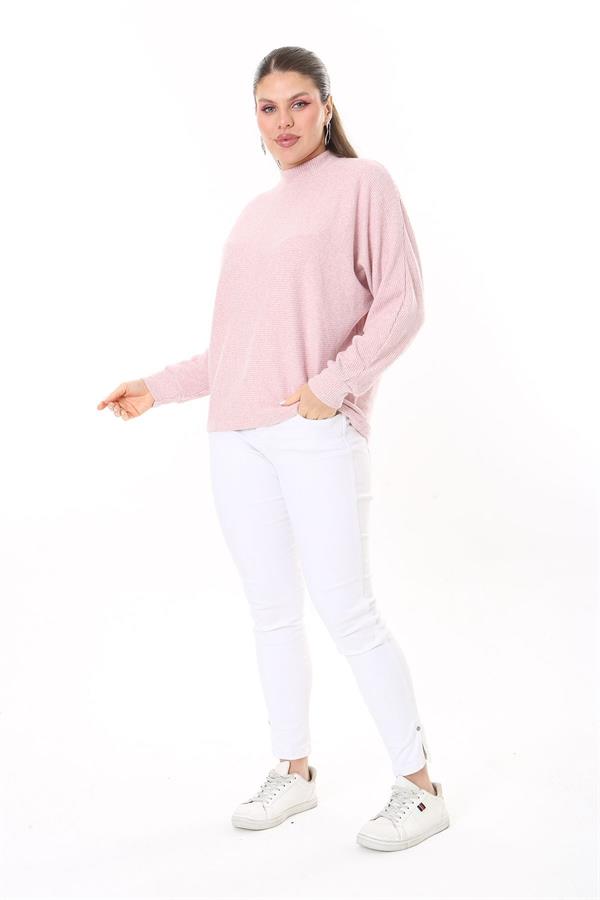 Kadın Büyük Beden Bebe Mavisi Yün Viskon Kumaş Yarasa Kollu Bluz 65N37703