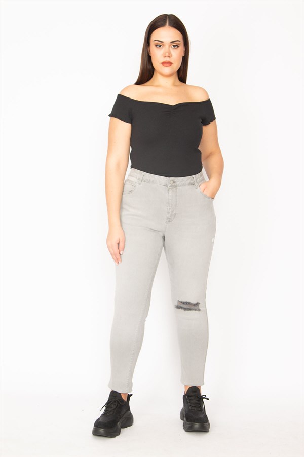 Kadın Gri Likralı Kot Yırtık Detaylı 5 Cepli Skınny Pantolon 65N29525