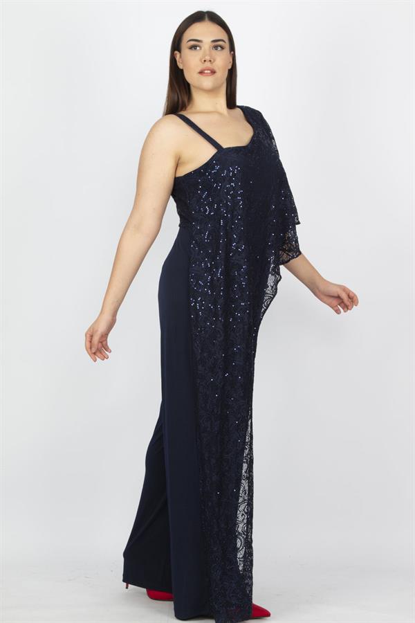 Kadın Lacivert Dantel Detaylı Tulum 65N19614